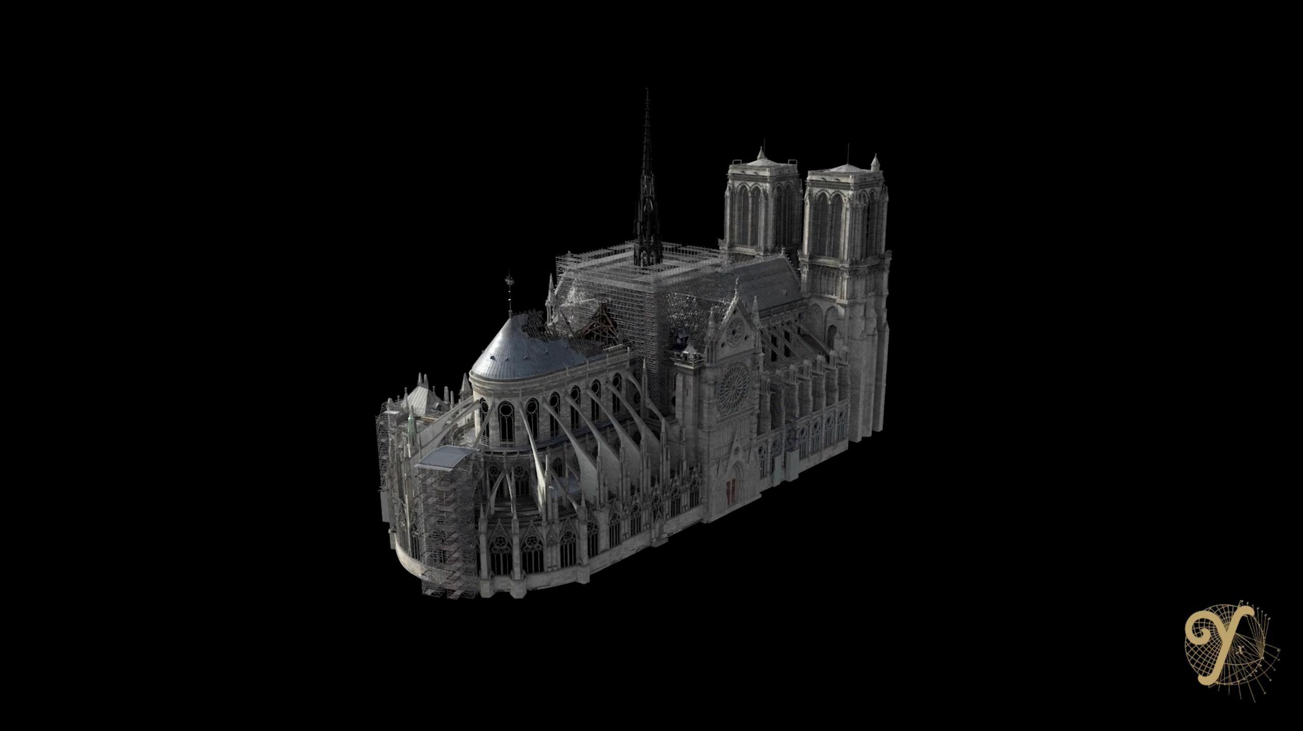 CG cathedral with damages and works on roof by The Yard VFX for Notre Dame on Fire, directed by Jean-Jacques Annaud