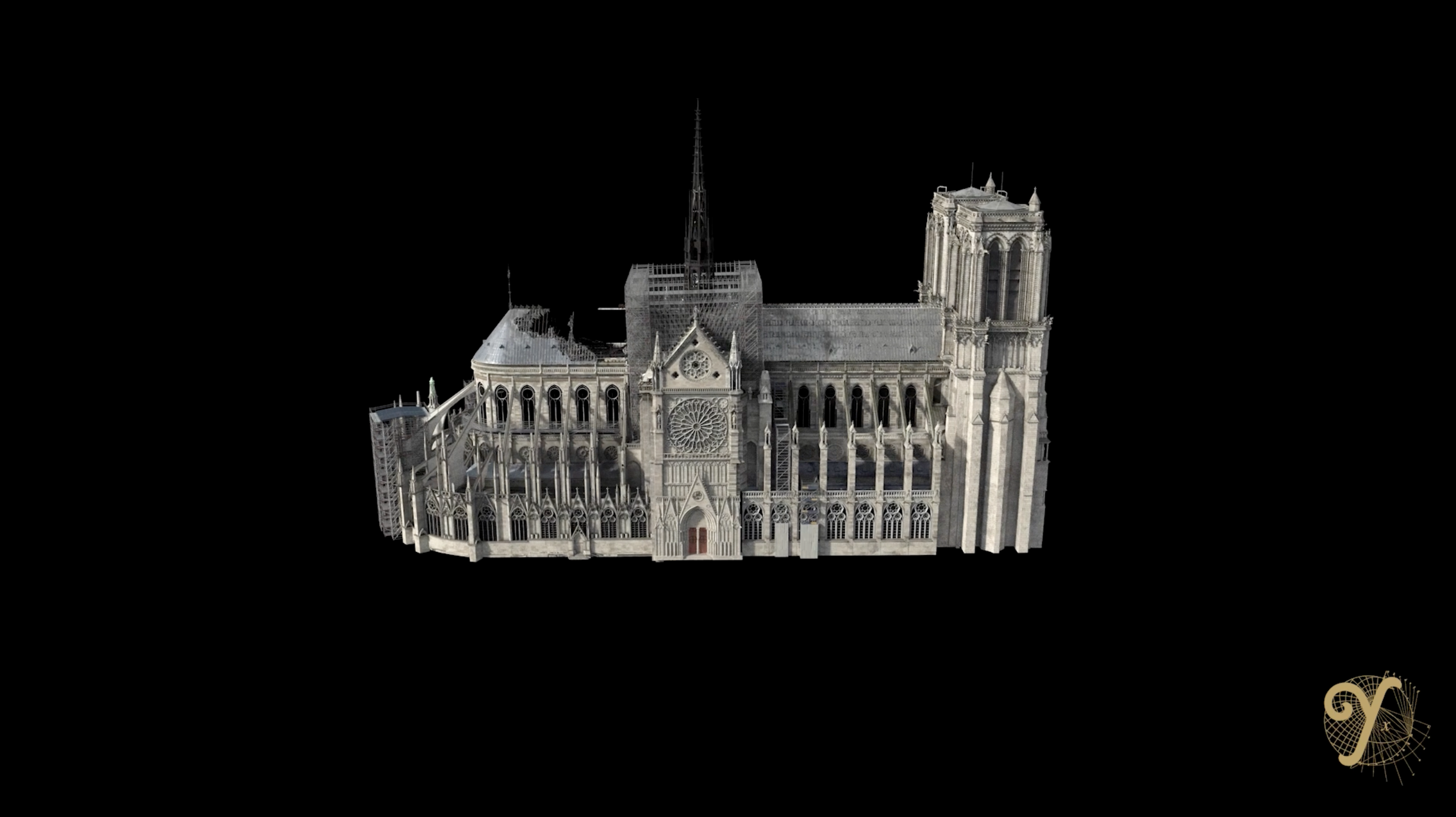 CG view of Notre Dame cathedral for Notre Dame on Fire, directed by Jean-Jacques Annaud, showing damages on the roof, under the supervision of Laurens Ehrmann, winner of 2023 Cesar for best visual effects.