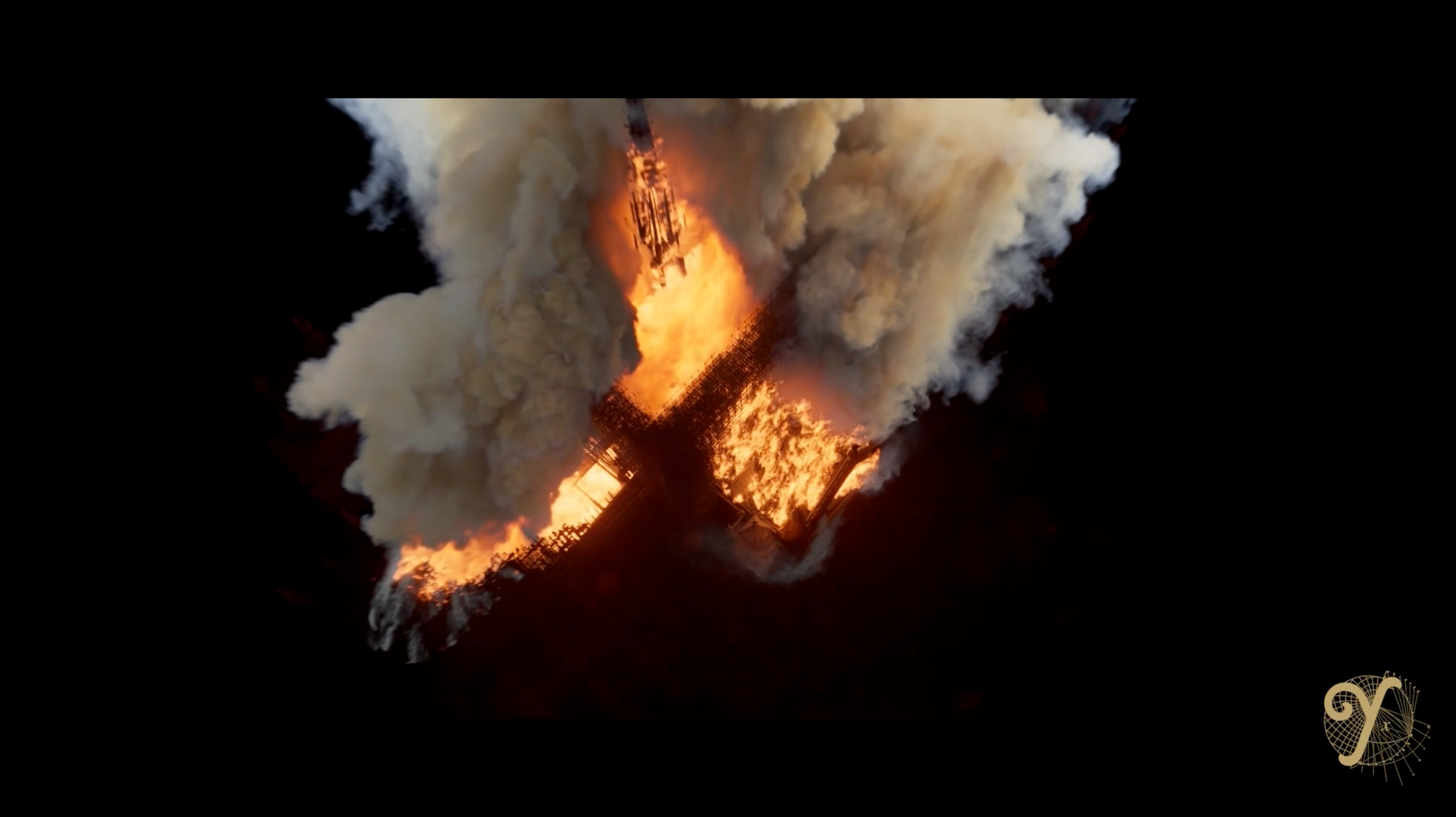 Aerial view of Notre Dame on Fire, directed by Jean-Jacques Annaud with CG fire and smoke made by The Yard VFX