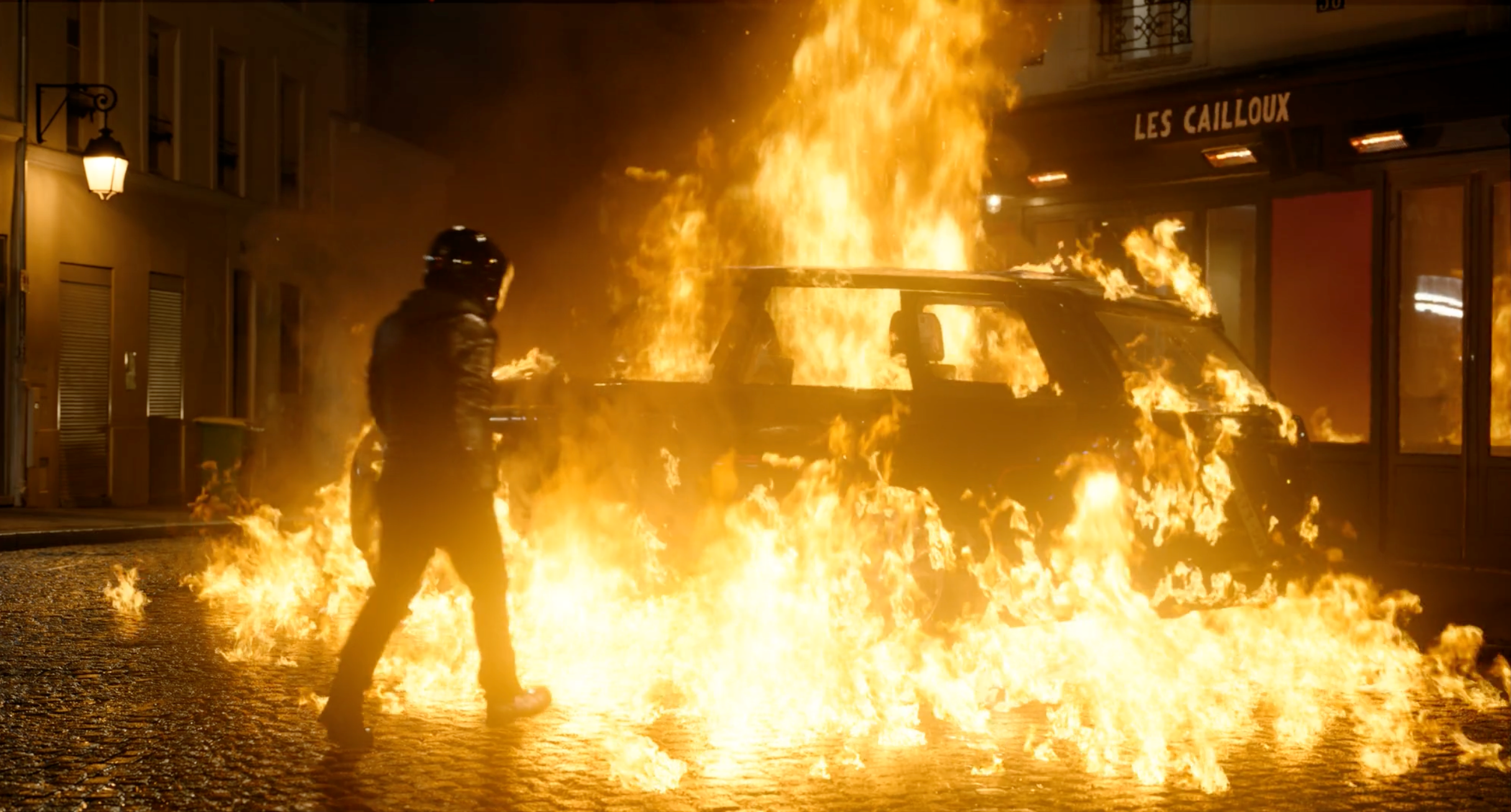 Final shot of Murder Mystery 2, currently streaming on Netflix, showcasing the CG fire effects done by The Yard VFX