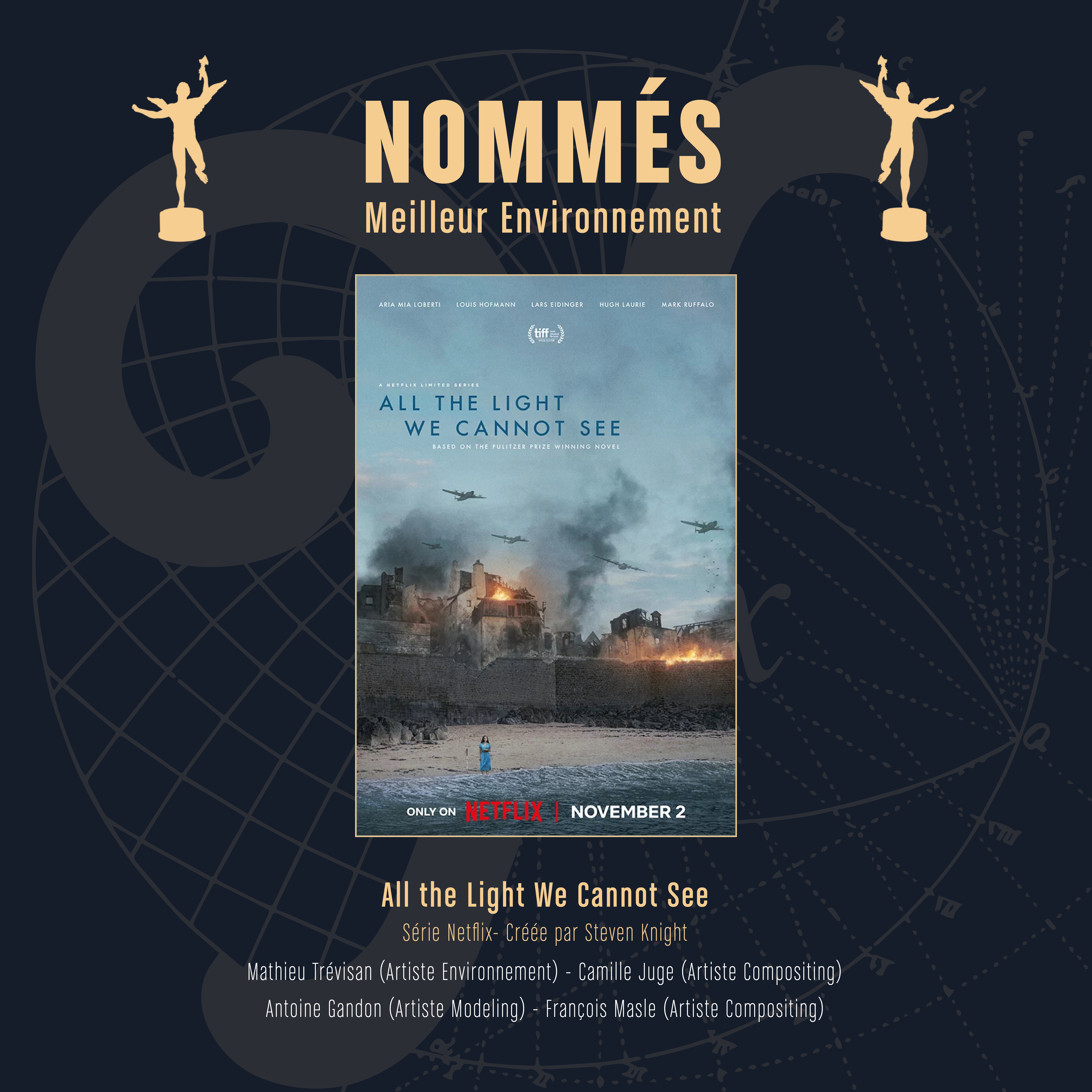 Mathieu Trevisan (ENvironment Artist), Camille Juge (Compositing Artist), Antoine Gandon (Modeling Artist) and François Masle (Compositing Artist), representing The Yard, are nominated for their work on 'All The Light We Cannot See' for the 2024 Genie Award in the Best Environment category.
