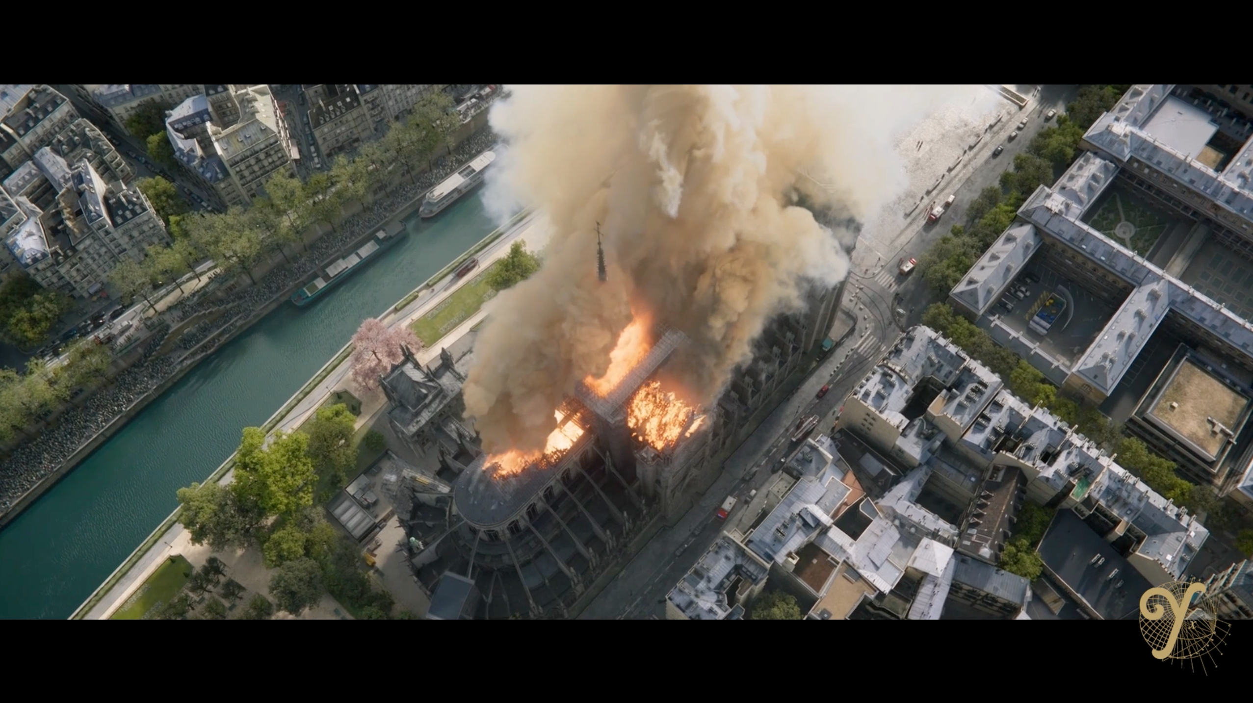 Aerial view from Notre Dame on Fire, directed by Jean-Jacques Annaud, VFX supervized by Laurens Ehrmann, founder of The Yard VFX, winner of 2023 Cesar for best visual effects.