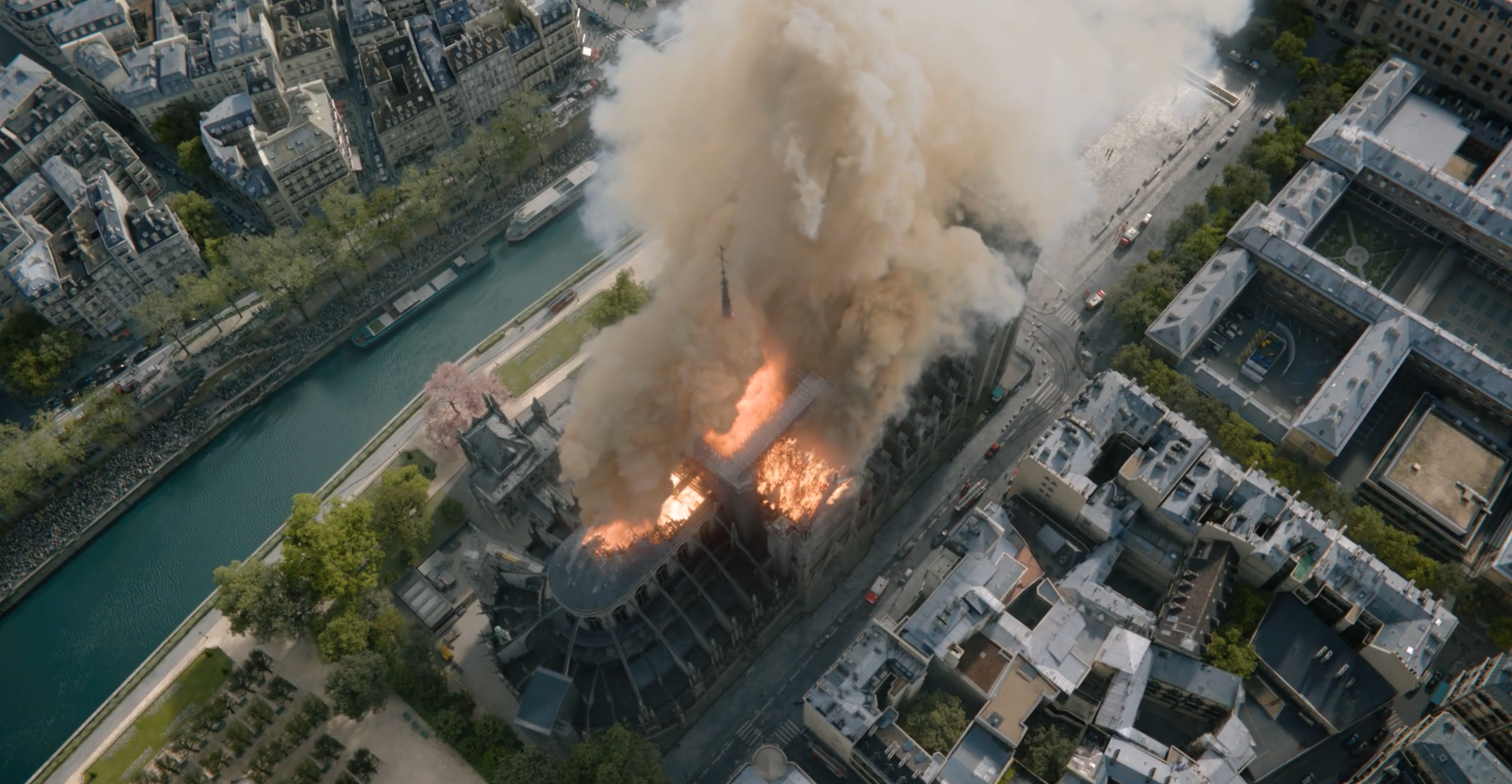 Official picture of Notre Dame on Fire, directed by Jean-Jacques Annaud, VFX Supervised by Laurens Ehrmann, founder of The Yard VFX and winner of 2023 Cesar for Best Visual Effects