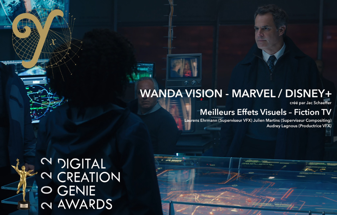The Yard team represented by Laurens Ehrmann, VFX Supervisor, Julien Martins, Compositing Supervisor and Audrey Lagnous, VFX Producer, are nominated for 2022 Genie Awards for best visual effects in a TV series for their work on Wanda Vision, Marvel, streaming on Disney Plus