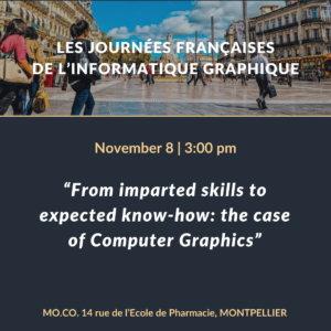 Alexis Oblet, CTO of The Yard, participated in the 2023 JFIG, and participated to a round table discussion with university professors, labs engineer, CTO of Les Fées Spéciales, about higher education entitled "From imparted skills to expected know-how : the case of computer graphics"