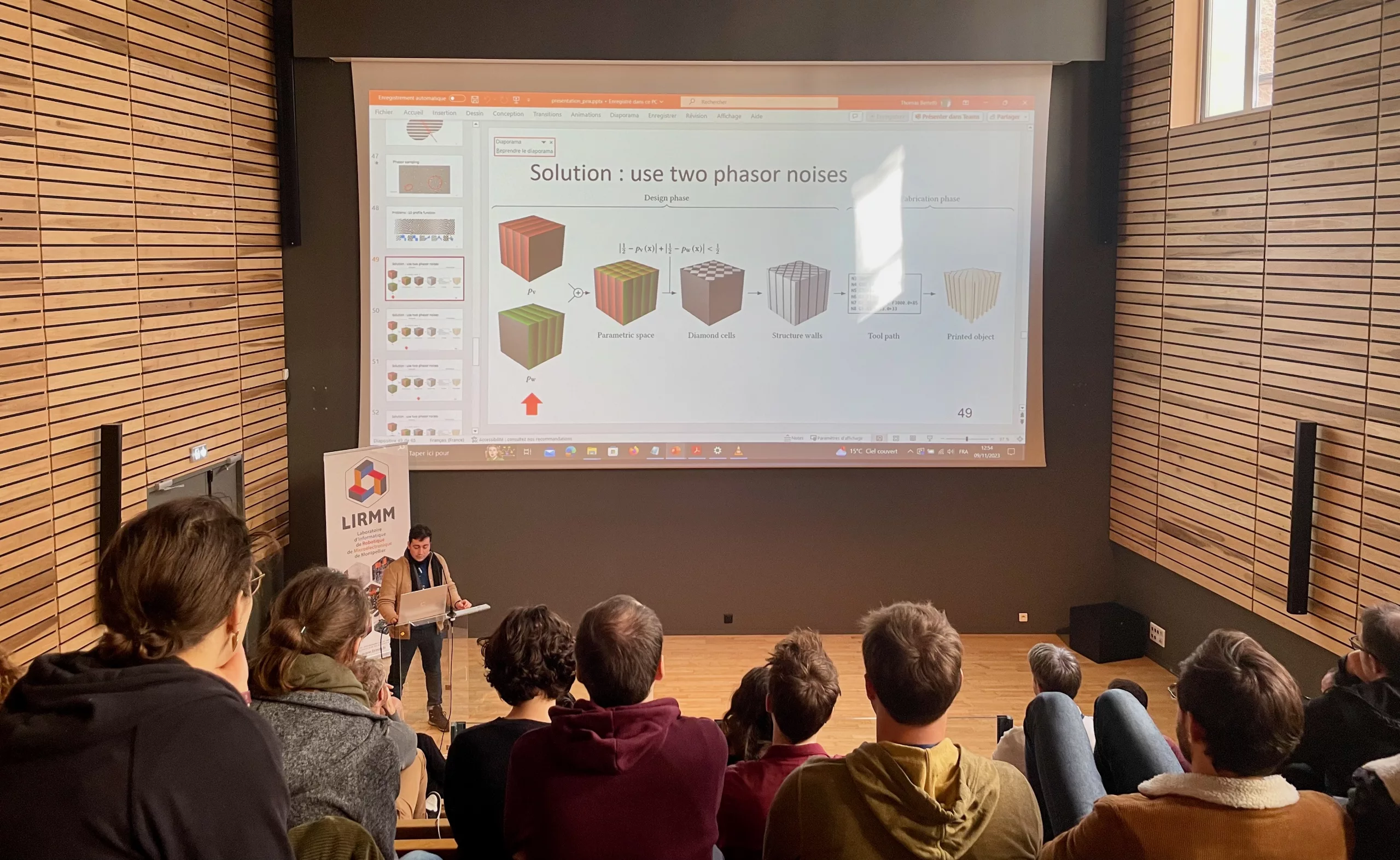 Thibault Tricard presents his thesis on Gabor Noise at J.FIG 2023 event.