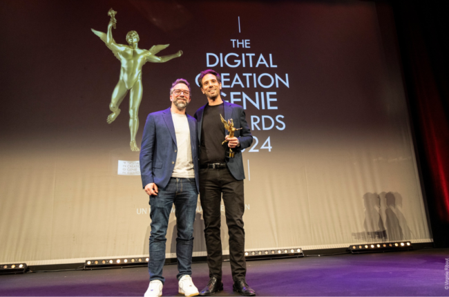 Guillaume Rocheron, VFX Supervisor, is handed the 2024 Genie d'Honneur by Laurens Ehrmann, founder of The Yard, at PIDS 2024