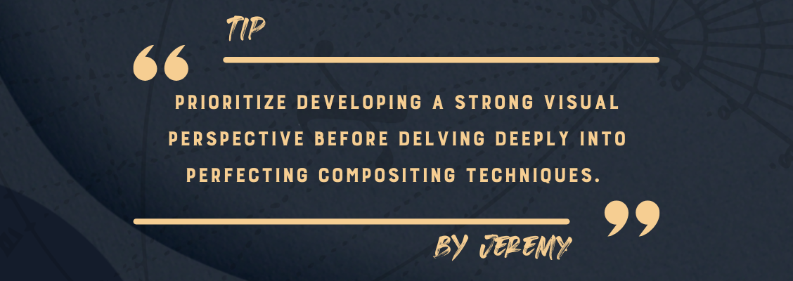 Jeremy Pierre, Compositing Supervisor at France's VFX studio The Yard, recommends to Prioritize developing a strong visual perspective before delving deeply into perfecting compositing techniques. Technical skills can be learned later, but having a solid visual language to express yourself is essential. Without it, you may encounter more challenges in the long run.