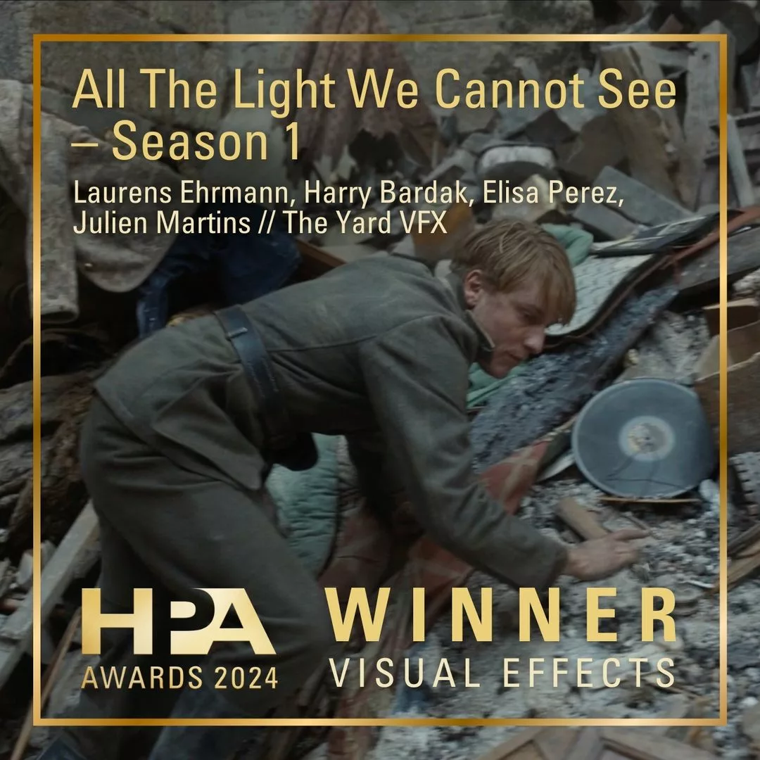 The France-based VFX studio The Yard wins the 2024 HPA Award of Outstanding Supporting Visual Effects in an Episode or Series Season for their work on the Netflix mini-series "All The Light We Cannot See" directed by Shawn Levy.