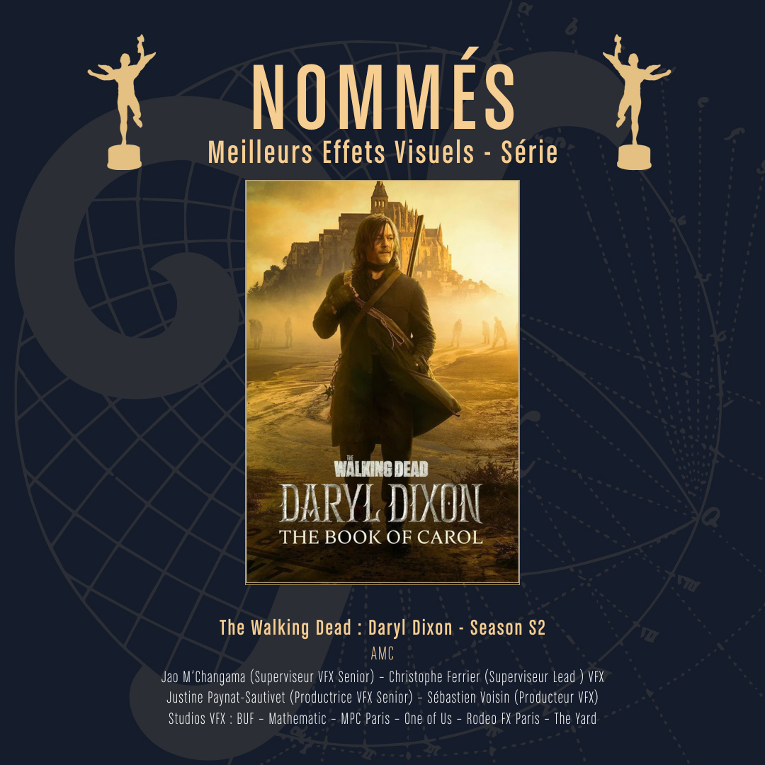 The Yard VFX is nominated for the 2025 Genie Awards in the best visual effects in a series category for The Walking Dead : Daryl Dixon - Season 2, alongside all the other VFX vendors who worked on the project.